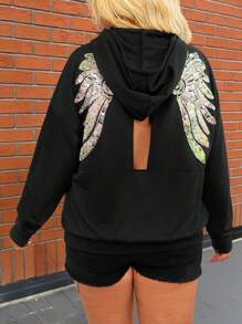 SHEIN LUNE Plus Size Autumn Fashionable Sequin Wing Graphic Hollow Back Hoodie Thanksgiving Outfit Women New Years