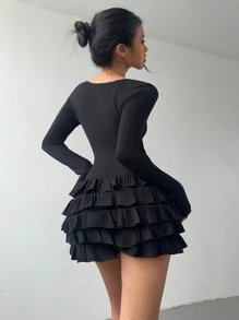 Aloruh Women's Sexy YTK Square Neck  Pink Bow Accent Ruffle Hem Long Sleeve Jumpsuit Long Sleeve Jumpsuit - Black - View 6