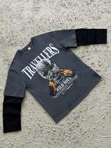 SHEIN Leap Crew Teen Boy Loose Casual Round Neck Graphic Print Long Sleeve Pullover Tee - Multicolor - View 1