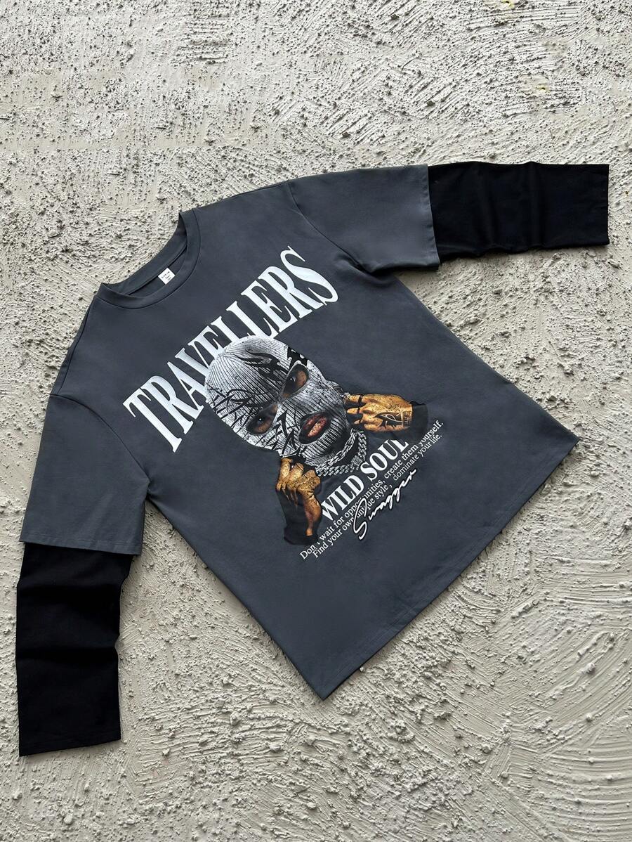 SHEIN Leap Crew Teen Boy Loose Casual Round Neck Graphic Print Long Sleeve Pullover Tee - Multicolor - View 1