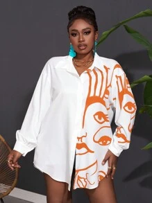 Slaydiva Women Plus Size Holiday Casual Graphic Line Pattern Face Print Patchwork Blouse Top - Orange - View 6