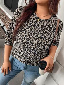 SHEIN LUNE 大码女式豹纹圆领短袖休闲 T 恤，春夏季西部女装，纳什维尔，夏季波西米亚风复古风 - 彩色 - 查看 5