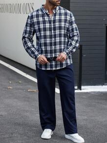 Manfinity Homme 2 pezzi Set di camicia casual a manica lunga con motivo check e pantaloni, taglia comoda, per uomo, per autunno