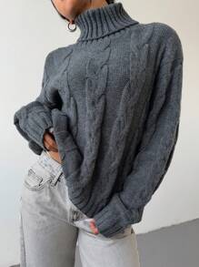 Aloruh 女士休闲优雅日常百搭灰色高领长袖粗针织毛衣，秋冬新品 - 灰色 - 查看 1