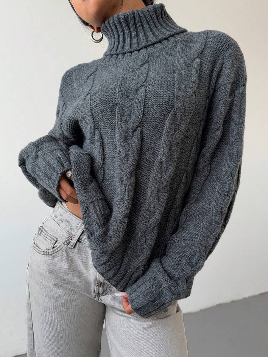 Aloruh 女士休闲优雅日常百搭灰色高领长袖粗针织毛衣，秋冬新品 - 灰色 - 查看 1