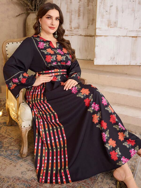 Al Najma Women's Plus Size V-Neck Floral Print Lantern Sleeve Cinched Waist Waist Elegant Boho Dress,Modest