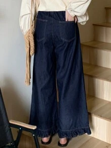 FRIFUL Women's Navy High Waist Straight Leg 7/8 Length Jeans,Ruffle