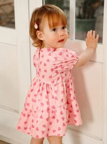 女婴/幼儿可爱情人节心形印花泡泡袖圆领 A 字裙，适合春季户外玩耍、拍照或日常休闲穿着，可爱又时尚 - 粉色 - 查看 6