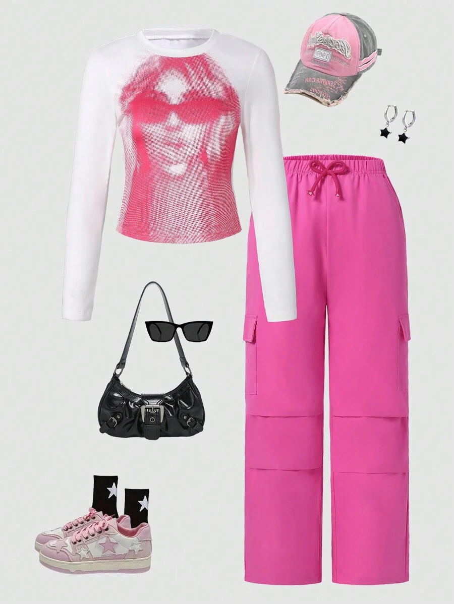 Tween Girl Cartoon Print Crew Neck Long Sleeve T-Shirt And Cargo Pants 2 Pieces Casual Set, Autumn - Hot Pink - View 1
