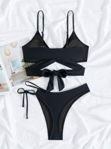 Women Solid Color Starfish Decor Spaghetti Strap Backless Tie Bow Sexy Bikini Set Summer - Black - View 2