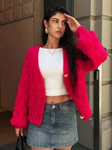 Forever 21 Winter Clothes For Women V-Neck Long Sleeve Cropped Casual Warm Cardigan, Versatile, Autumn/Winter Y2k Clothes Sweaters For Women Christmas Sweater Long Sleeve Tops New Years Women Christmas Sweater Women - Red - View 5