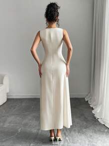 Chiquease Robe longue élégante femme de couleur unie, col en V, fendue sur le côté, sans manches, robe de soirée formelle, robe longue sexy - Nude - Voir 2