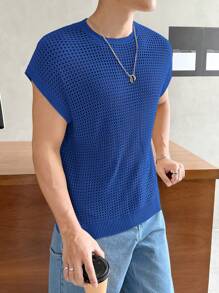 Manfinity Homme Top de punto abierta de manga de murciélago de unicolor y corte holgado para hombre - Azul - Ver 3