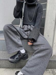 FRIFUL 女式亮面抽绳腰宽松直筒休闲裤 - 灰色 - 查看 1