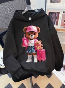 SHEIN Cool Girl, Cute Bear Graphic Hoodie Sweatshirt, Tween Girls Casual Thick Long Sleeve Pullover For Autumn & Winter
