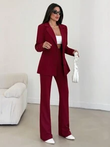 RueChic Vibrant Rose Red Sharply Cut Blazer And Flattering Flared Trousers Suit - Burgundy - View 3