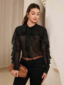 Aveloria Rosie 优雅精致浪漫缎面雪纺纹理面料荷叶边领口系带袖口女士长袖衬衫适合春夏秋季情人节 - 黑色 - 查看 4