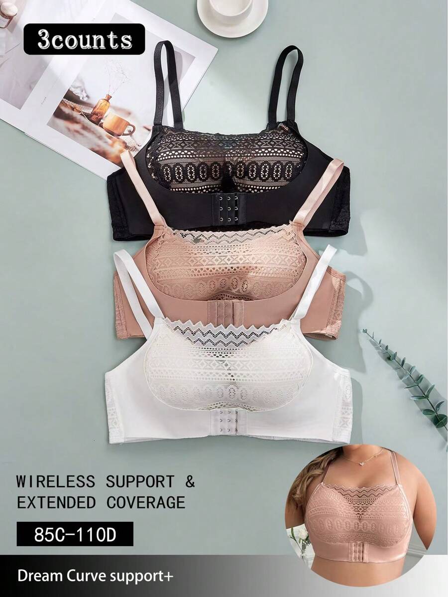 3pcs Plus Size Lace Patchwork Underwire Lingerie Bras Set - Multicolor - View 1