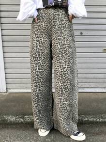 FRIFUL 女士时尚豹纹阔腿牛仔裤 - 棕色 - 查看 4