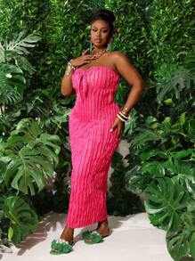 Slaydiva 大码优雅、派对、约会、性感合身纯色紫红色露肩前系带透明面料连衣裙，春夏