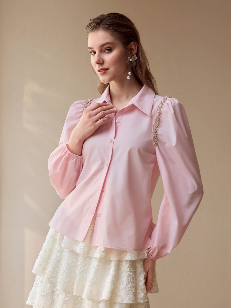 RHINESTONE BEADED LANTERN SLEEVE BLOUSE,SPRING/SUMMER