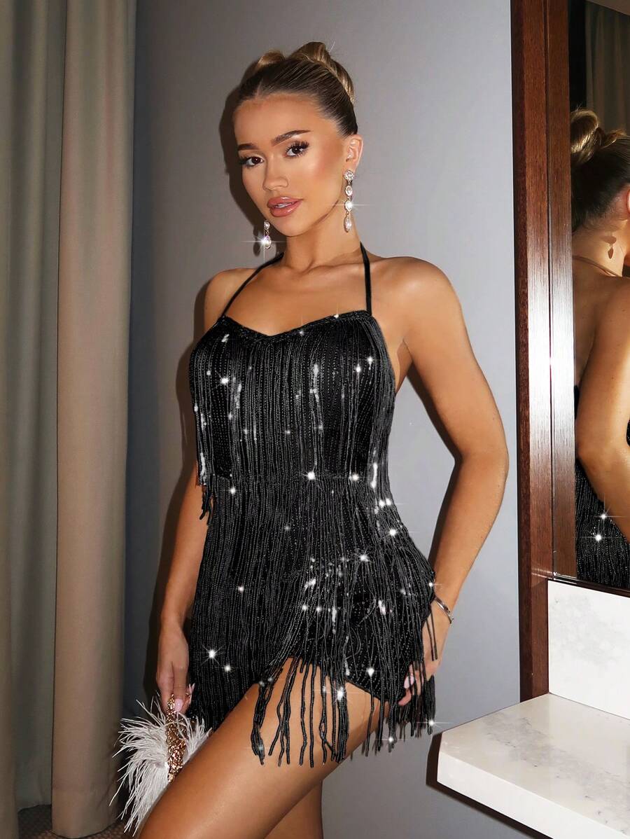 SHEIN BAE Y2K Błyszczący świąteczny elegancki damski seksowny kombinezon z odkrytymi plecami i cekinami, odpowiedni na imprezę w klubie nocnym, codzienne randki, swobodny ubiór jesienią - Czarne - Zobacz 1