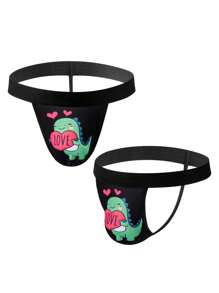 Men's Heart & Dinosaur Print Sexy Thong Briefs - Green - View 4
