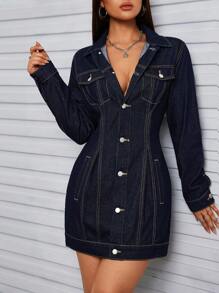 SHEIN Tall Women's Autumn Long Sleeve Single-Breasted Casual Denim Jacket