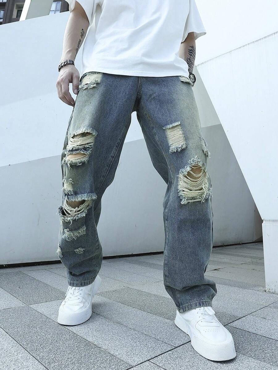 Manfinity Roghcode 男士破洞直筒牛仔裤，磨边牛仔裤，纯色深蓝色长款破洞直筒工装牛仔裤，适合送给老公、男朋友的礼物 - 淺色水洗藍 - 查看 1