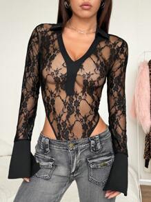 CovetEZ Plus Size Solid Color Lace Collar Transparent Long Sleeve Bodysuit, Spring/Summer - Black - View 5