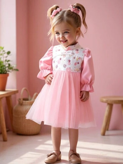 SHEIN Baby Girl Warm Floral Print Long Sleeve Traditional Chinese Style Hanfu Dress, Fashionable & Comfortable, Autumn/Winter