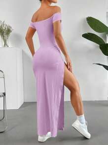 SHEIN EZwear Women's Solid Color Casual Off-Shoulder High Slit Dress,Lavender Dress - Purple - View 2