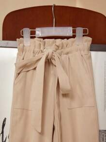 PrepCrw 年轻女孩棕色直筒裤配腰带，时尚学院风裤子，秋冬 - 杏色 - 查看 6