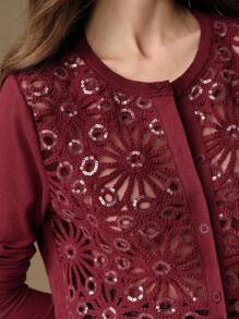 Anewsta Retro Knitted Patchwork Embroidered Floral Sequin Decoration Cardigan Sweater For Women, Fall Outfit For Christmas And New Year