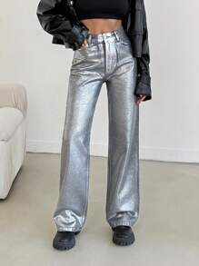 EURMUSE Fashion Metallic Feeling High-Waisted Straight Leg Jeans - Light Grey - View 3