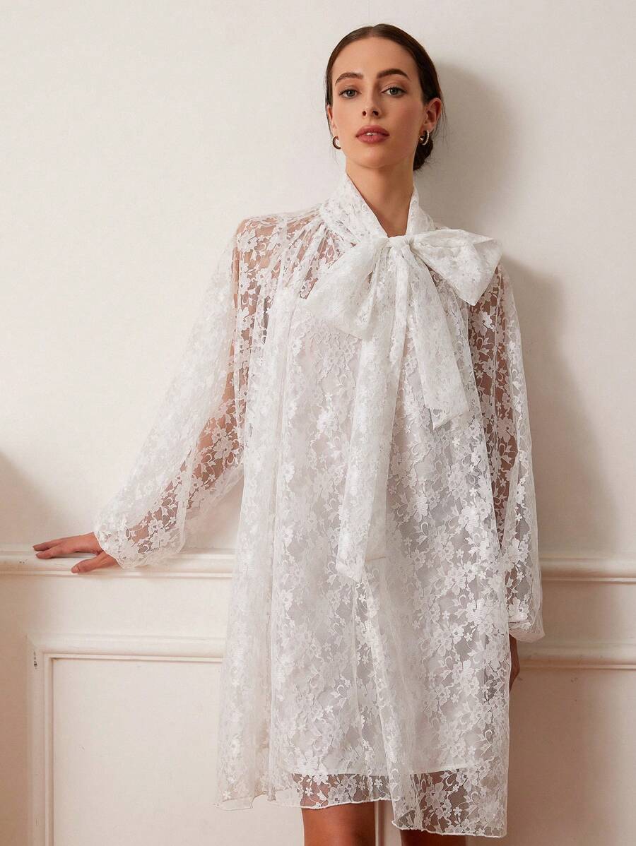 Aveloria Rosie Romantic Elegant Lace Dress, Loose Peter Pan Collar Bowknot, Spring Summer Lightweight Sheer Oversized Dress For Women, Feminine Look Valentine's Day Fall Cloth For Women - White - View 1