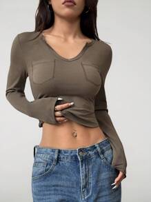 SHEIN MOOSTA Áo thun tay dài cổ tim Essential hiệu ứng giặt, Thu/Đông - Màu xanh Ô liu - Xem 3