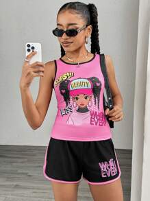 2pcs/Set Teen Girls Solid Color Patchwork Round Neck Sleeveless Graphic Print Top And Shorts Set