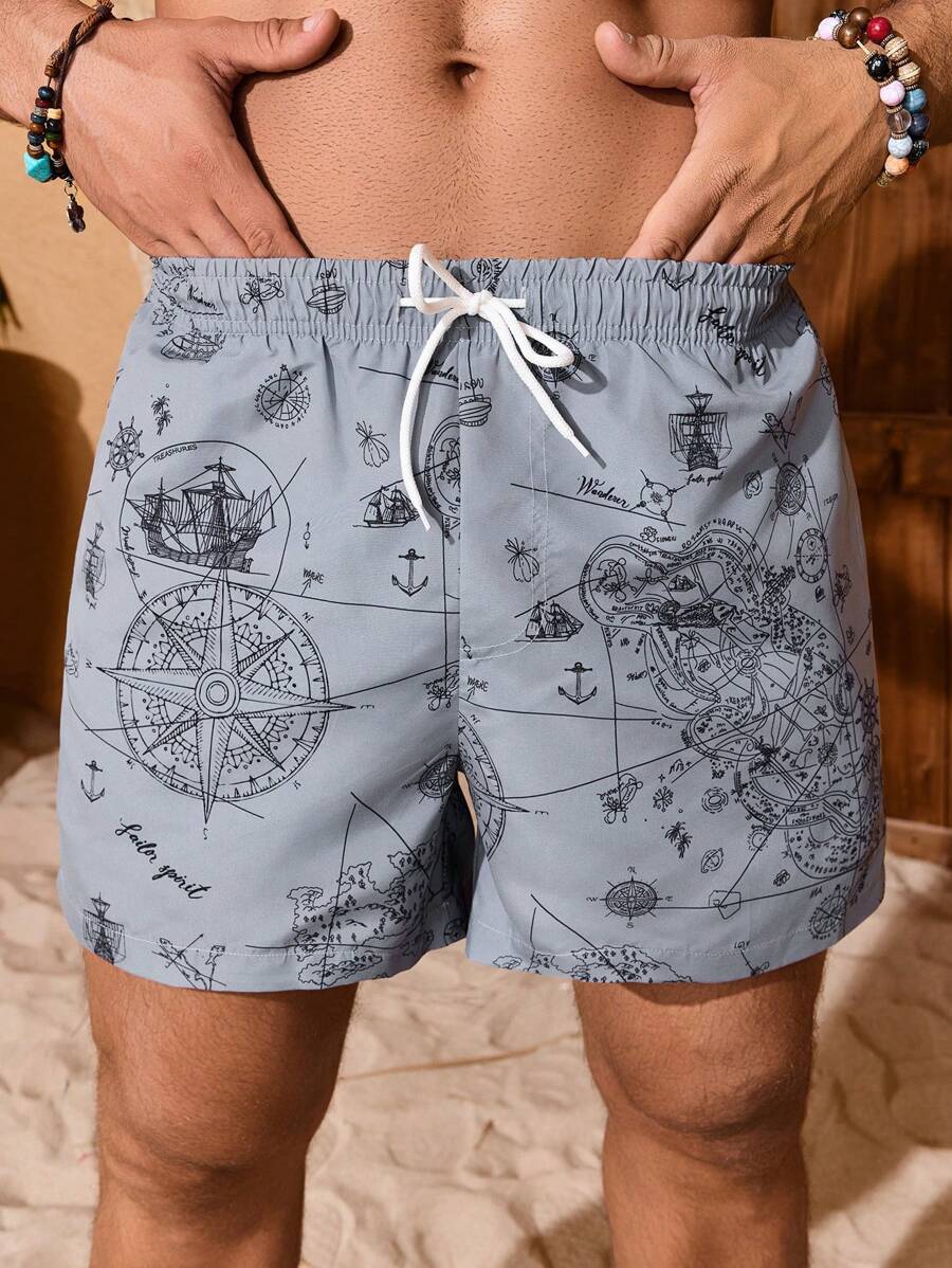 Manfinity Swimmode Men's Beach Shorts Drawstring Waist Front Tie Pocket Allover Print Beach Vacation Hawaiian, Men S Beachwear, Men Vacation Beachwear, Grey Swim Trunks, Men Floral Swim Trunks, Men Swim Trunk Matching - Grey - View 1