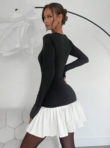 SHEIN Essnce Women Solid Color Block Round Neck Long Sleeve Simple Casual Mini Dress - Black and White - View 4