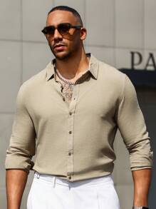 Manfinity Mode Áo sơ mi Nam Nút phía trước màu trơn Giải trí - Màu Khaki - Xem 1
