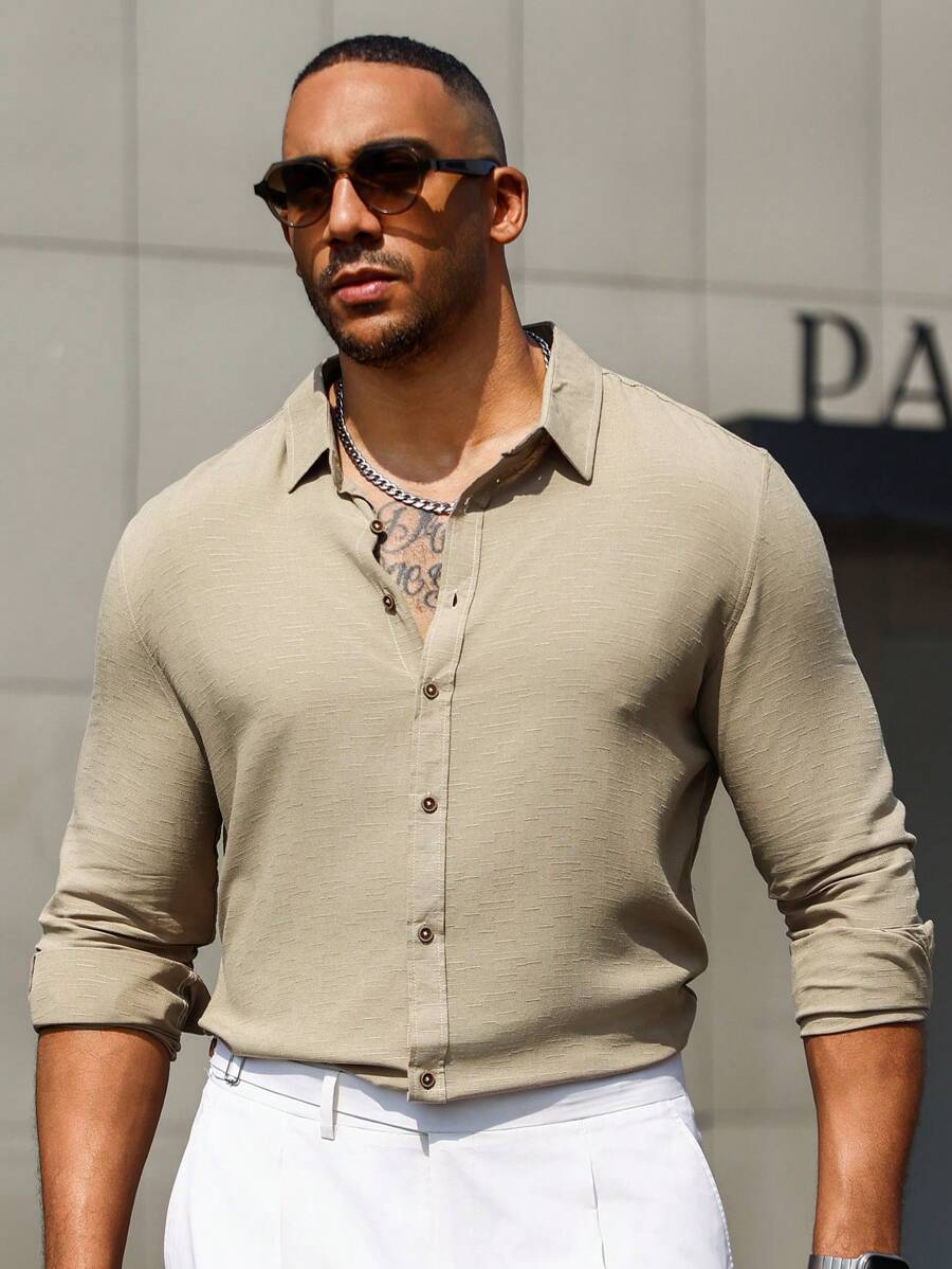 Manfinity Mode Áo sơ mi Nam Nút phía trước màu trơn Giải trí - Màu Khaki - Xem 1