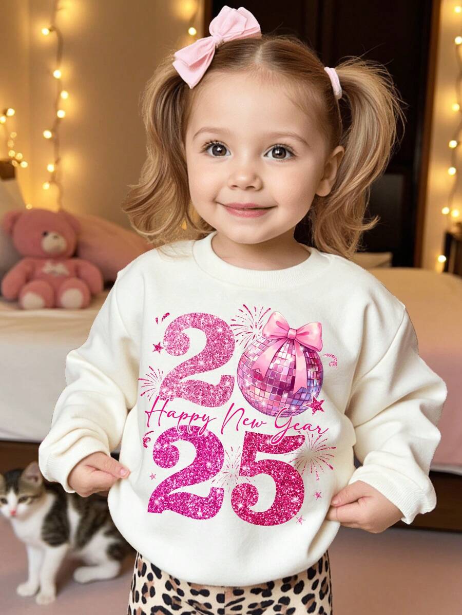 SHEIN Leap Crew Happy New Year 2025! Baby Girl Pink Printed Soft Knit Crew Neck Loose Fit Thick Hoodie Sweatshirt, Suitable For Autumn/Winter - White - View 1