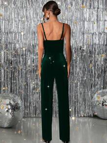 SHEIN Clasi Holiday ClothesVelvet & Sequin Spaghetti Strap Jumpsuit For Women