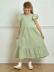 Wildeya Elegantes, minimalistisches Kleid für Tween Mädchen mit Jacquard-Textur und Volantärmeln, geeignet für Sommer und Frühling, für Ausflüge, Dates und Ferien