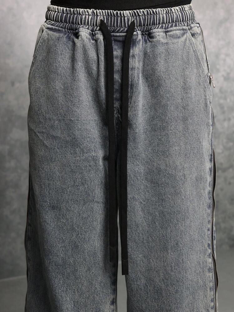 Side Striped Wide Leg Denim With Nylon Zipper Detail