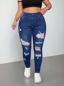 SHEIN ICON Plus Size Stretchy Medium Washed Blue Distressed Skinny Jeans - Dark Wash - View 1