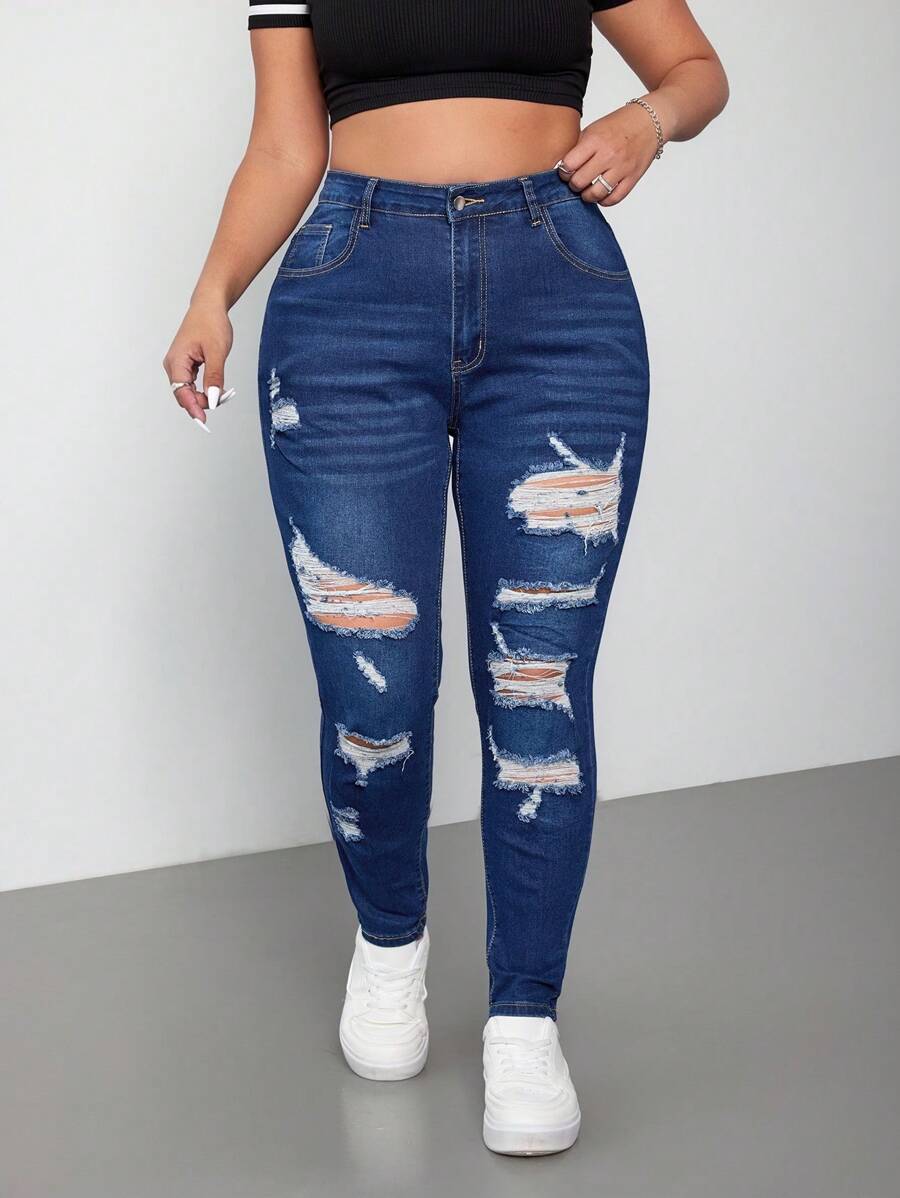 SHEIN ICON Plus Size Stretchy Medium Washed Blue Distressed Skinny Jeans - Dark Wash - View 1