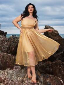 SHEIN VCAY Vestido midi ajustado con decoración de lazo y espalda descubierta, de tejido dorado de talla grande