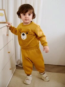 Cozy Pixies 2 件装男婴/女婴卡通熊耳朵装饰混合面料长袖连帽衫和慢跑裤套装，秋冬 - 彩色 - 查看 7